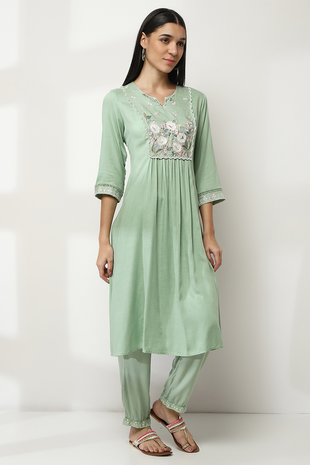 Sage Green Embroidered Flared Kurta image number 2