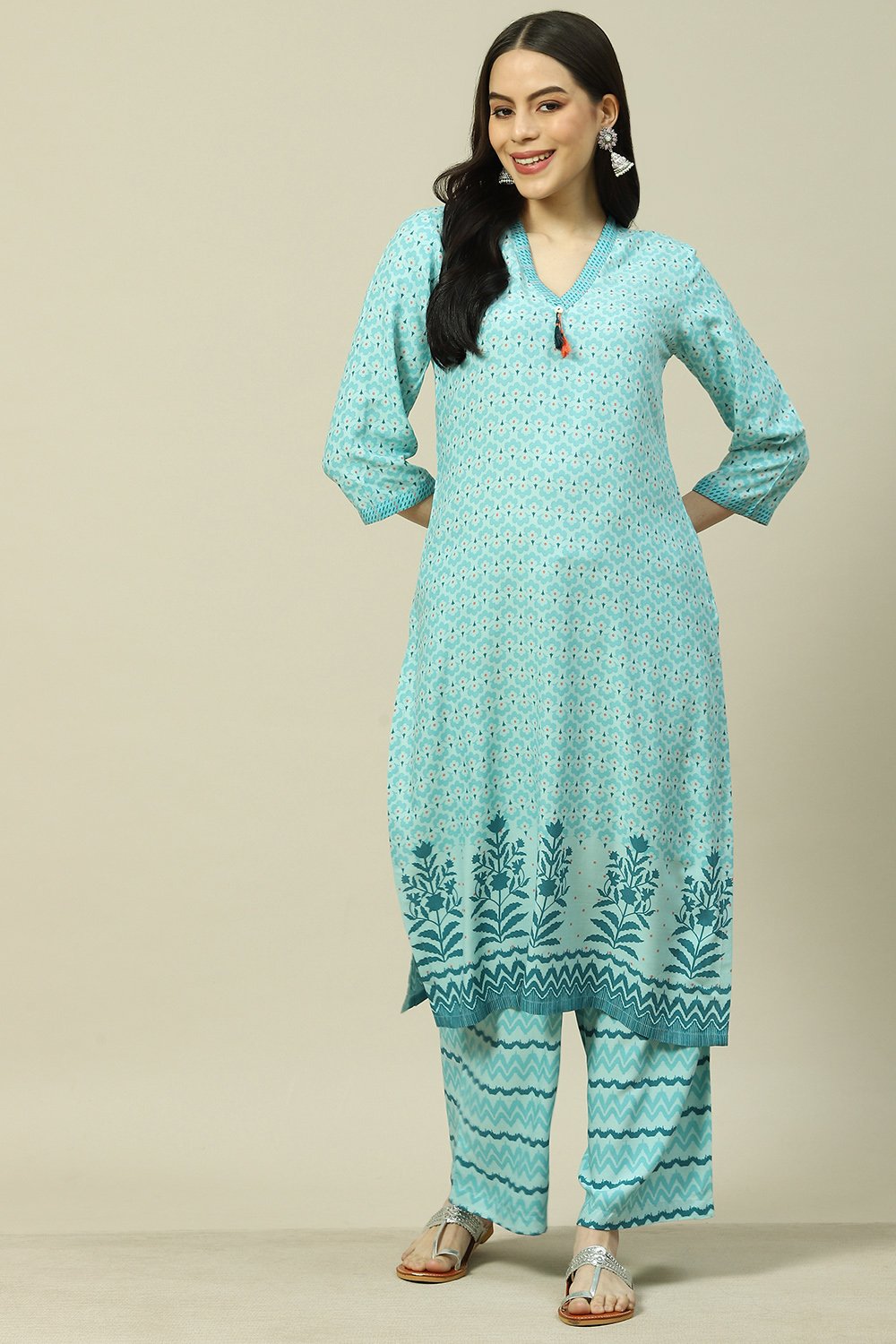 Blue LIVA Straight Kurta Palazzo Suit Set image number 0