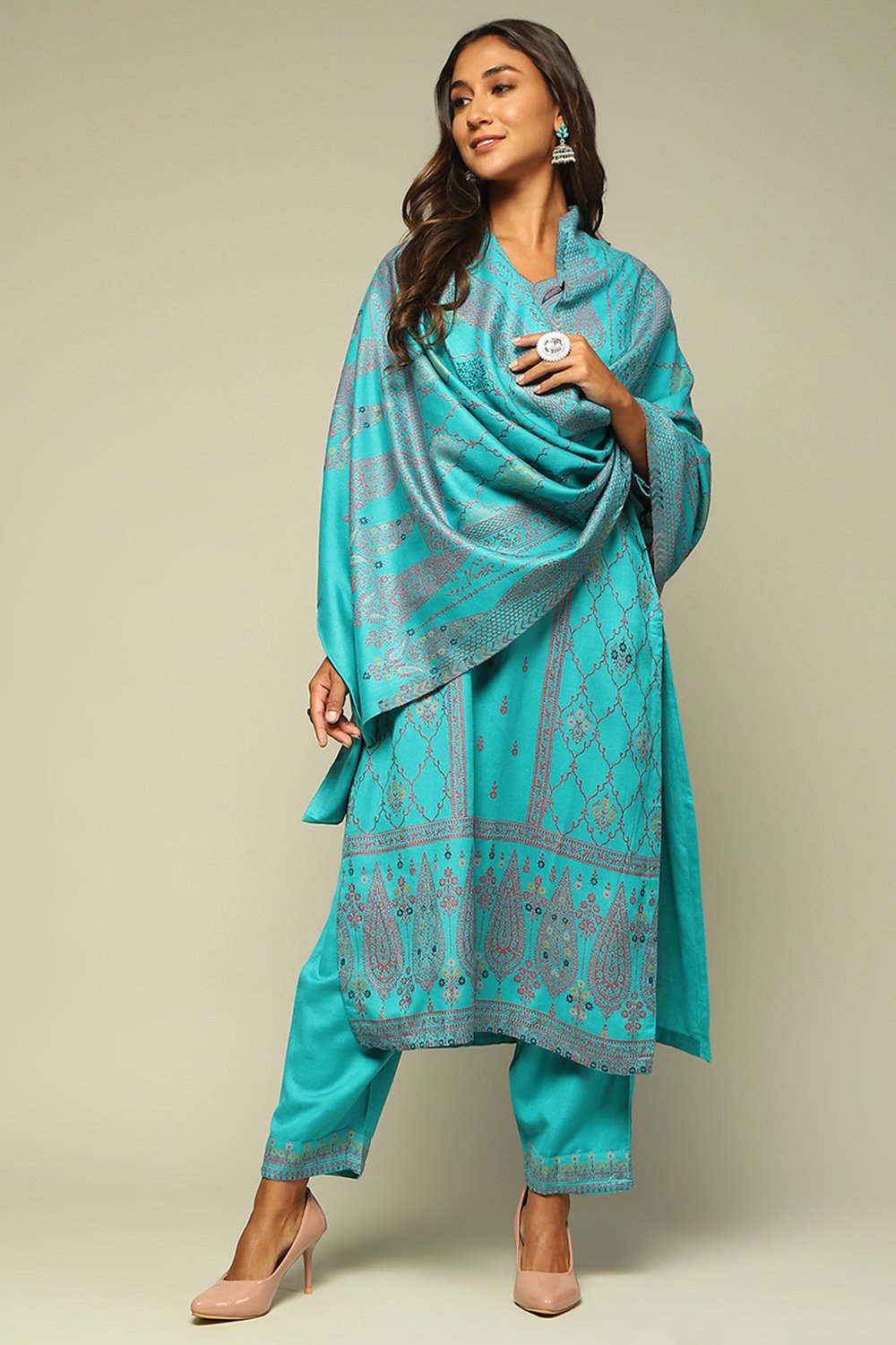 Aqua Blue Poly Acrylic Straight Yarn Dyed Kurta Palazzo Suit Set image number 7