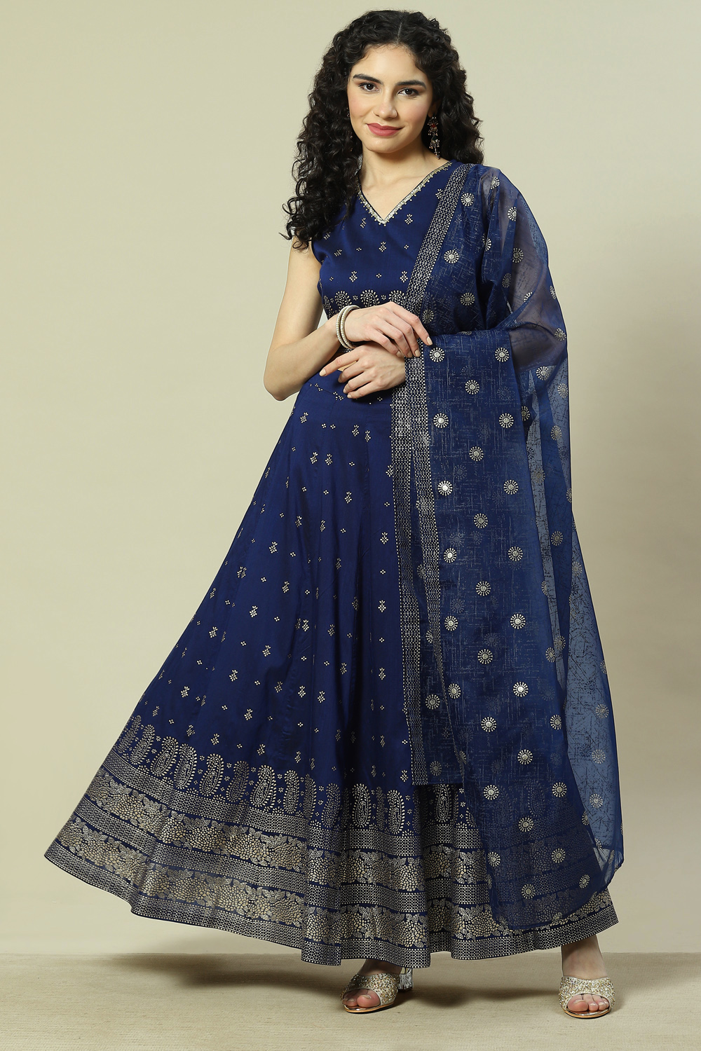 Indigo Cotton Blend Woven Straight Kurta Suit Set image number 7