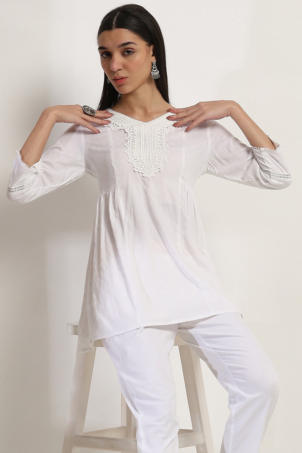 White Viscose Rayon Flared Kurti image number 6