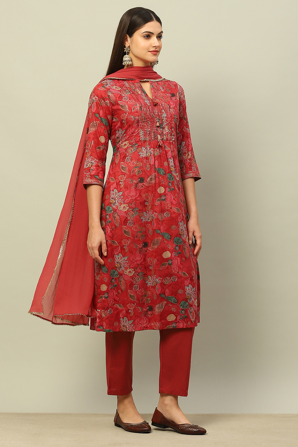 Pink Cotton Straight Printed Kurta Pants Suit Set image number 5