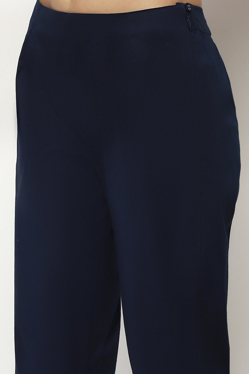 Navy Blue Cotton Solid Regular Pants image number 1