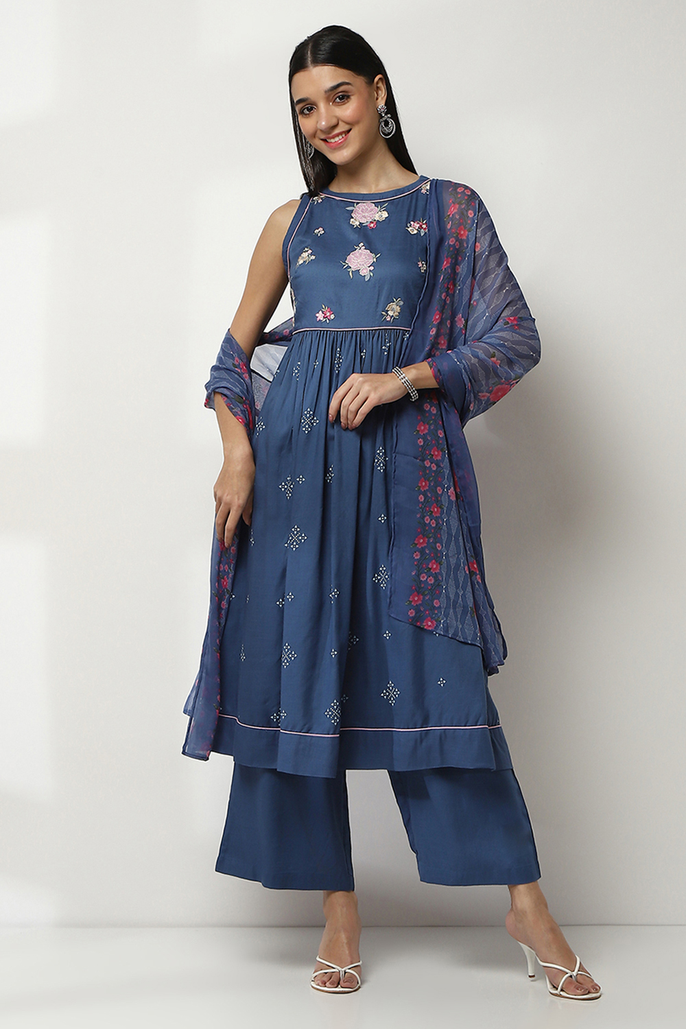 Indigo Blue Floral Anarkali Suit Set image number 0