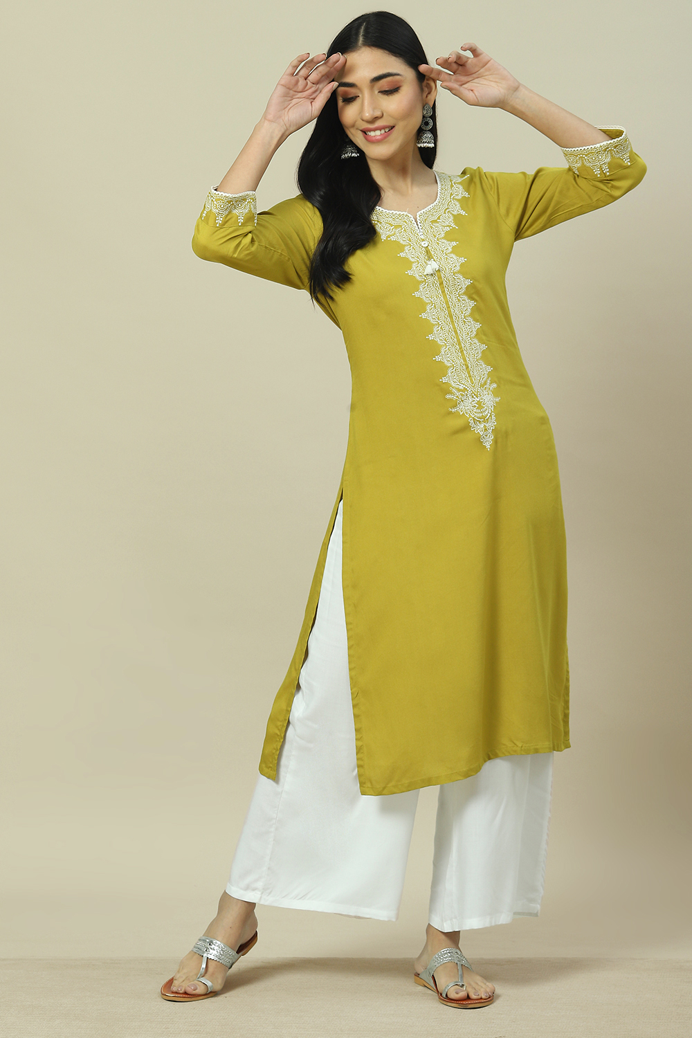 Lime Green LIVA Straight Kurta image number 0