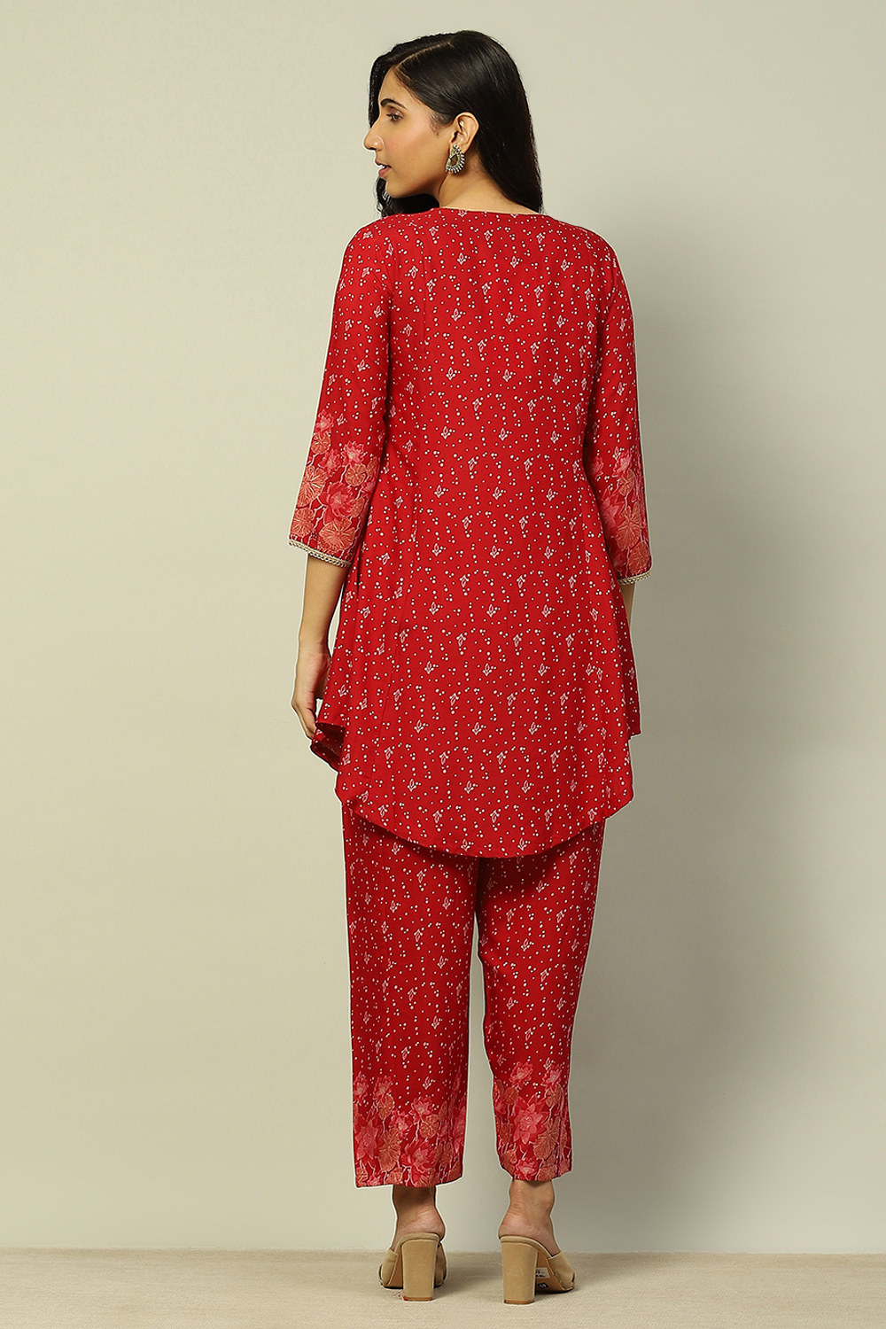 Red Viscose Blend Flared Printed Kurta Salwar Suit Set image number 4