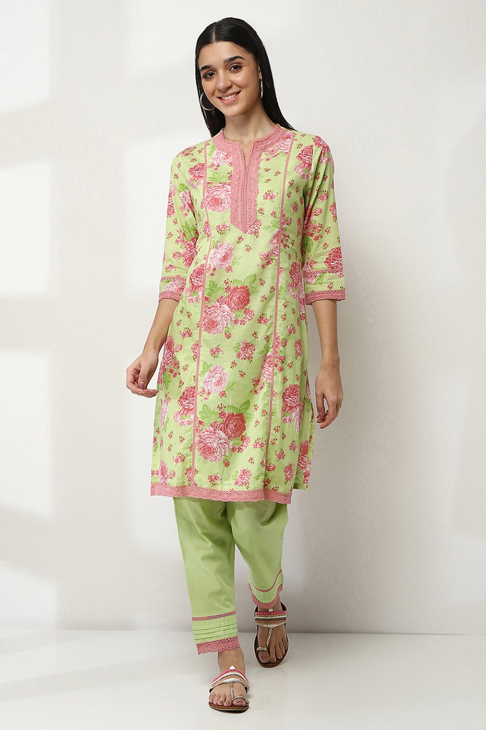 Green Cotton Printed Straight Kurta Set image number 0