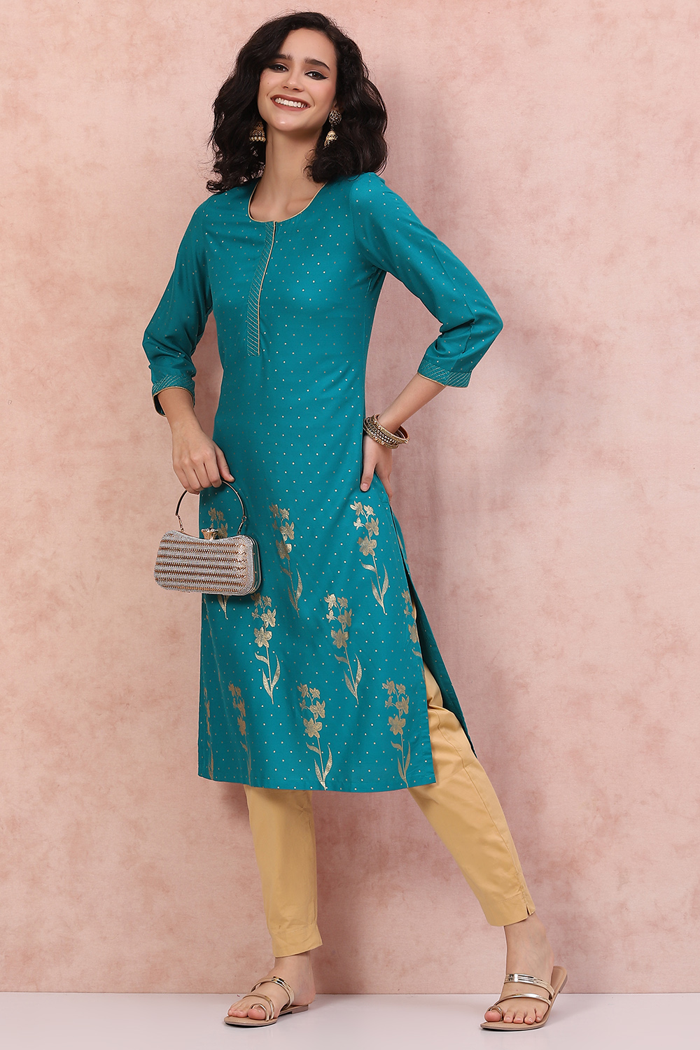 Turquoise LIVA Straight Kurta image number 5