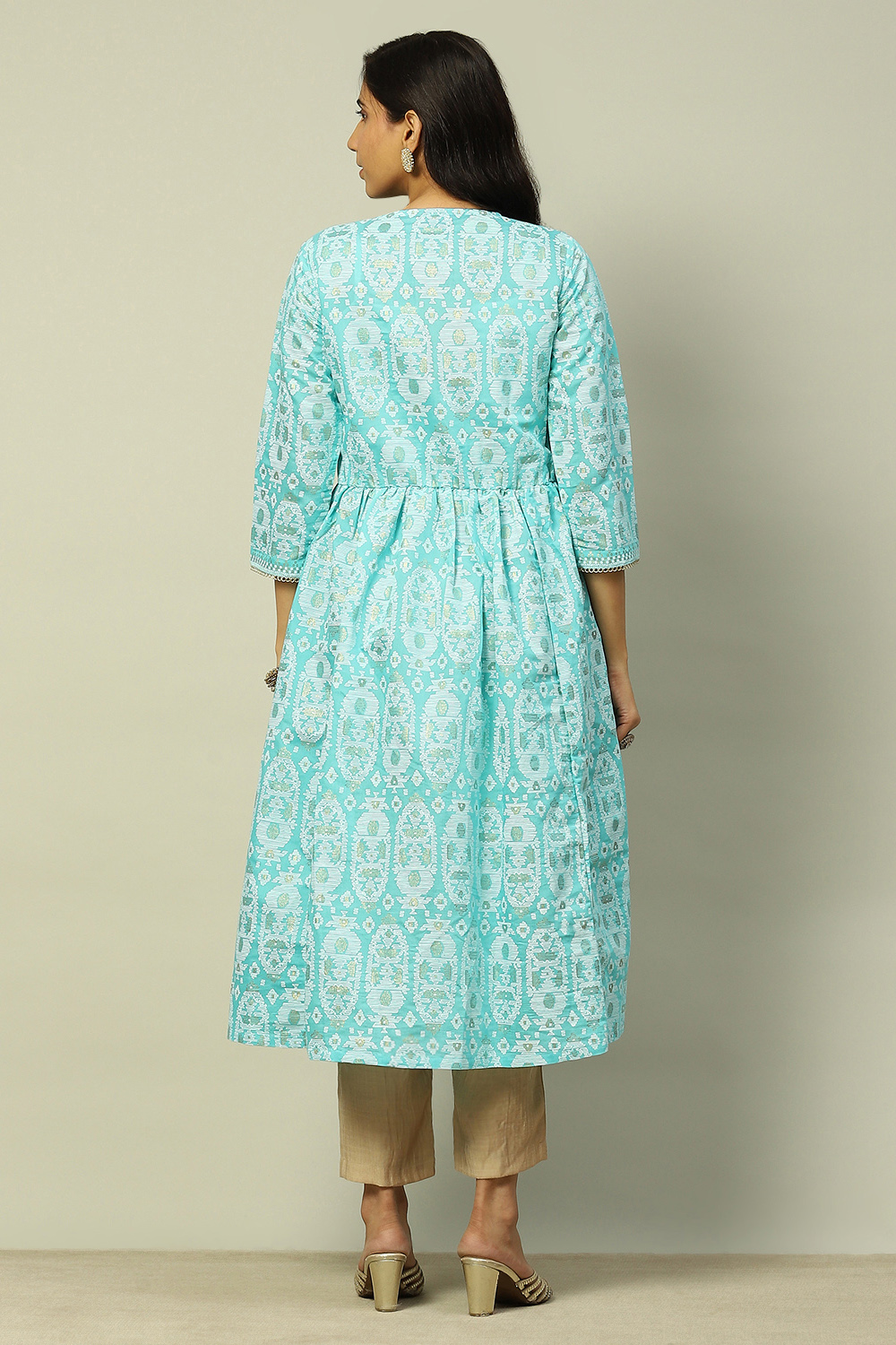 Aqua Blue Viscose Printed Gathered A-Line Kurta image number 3