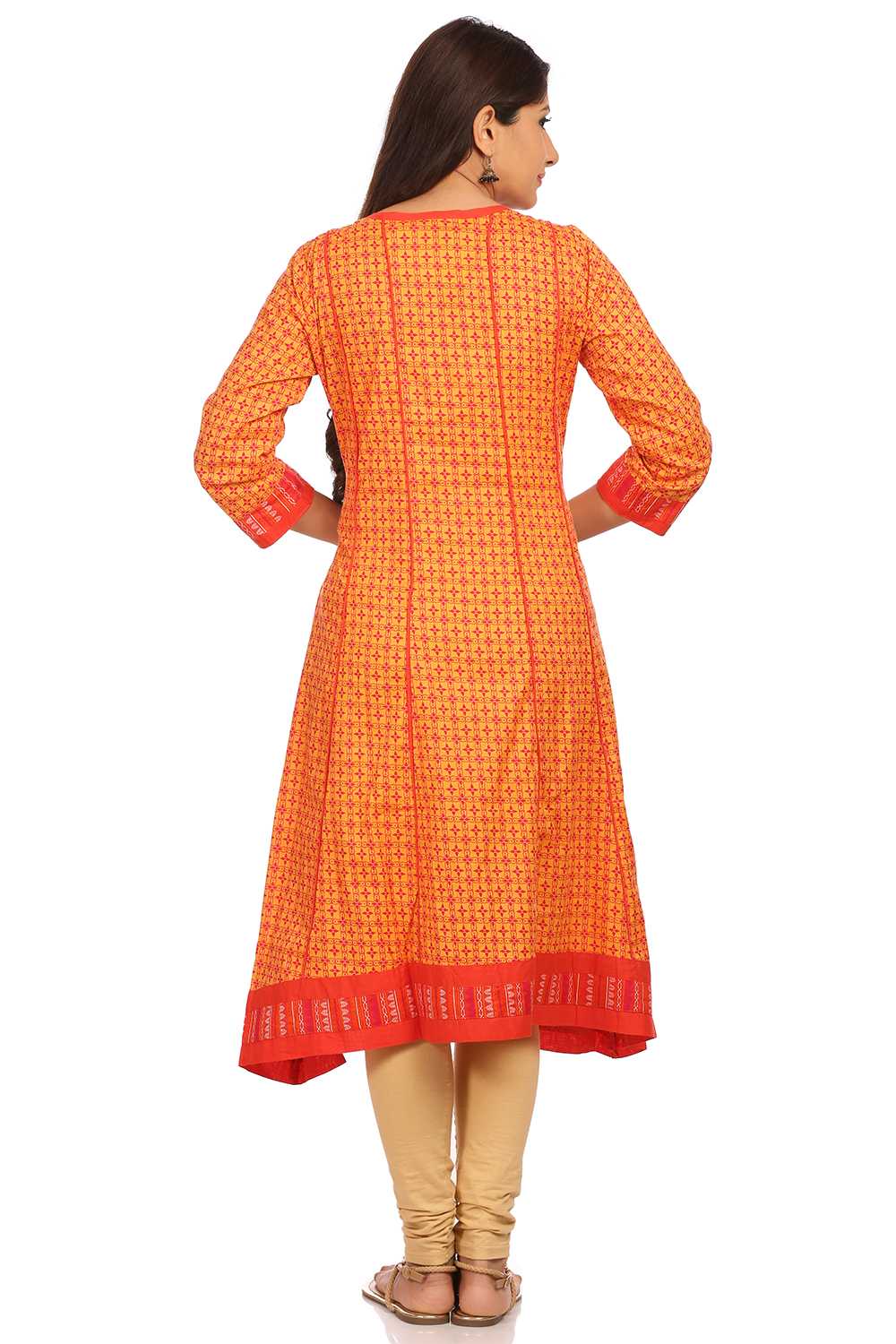 Orange Kalidar Cotton Kurta image number 3