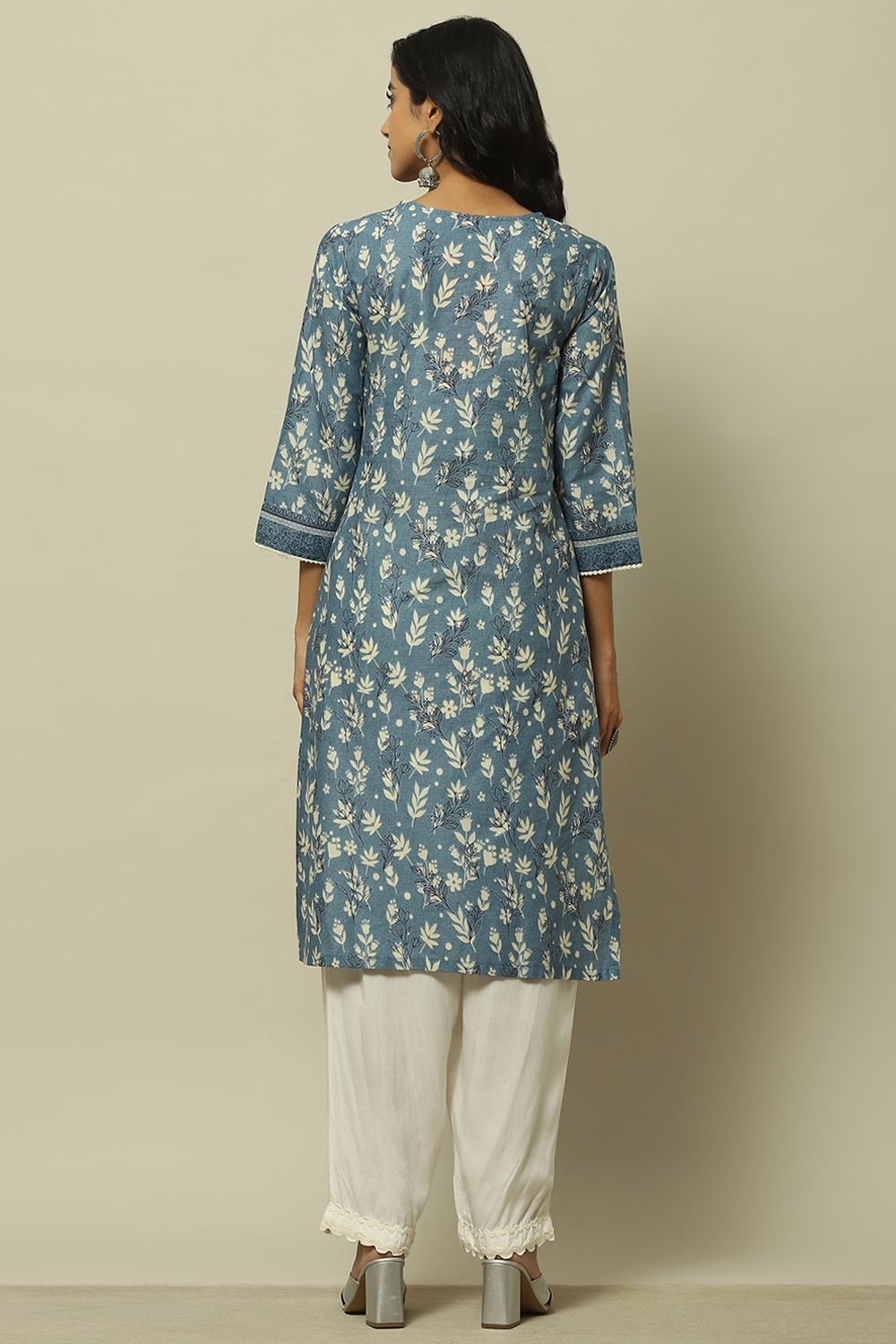 Blue Cambric Printed Straight Kurta image number 3