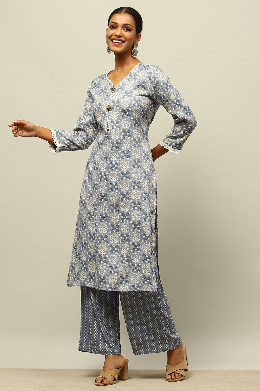 Grey Viscose Blend Straight Printed Kurta Palazzo Suit Set image number 0