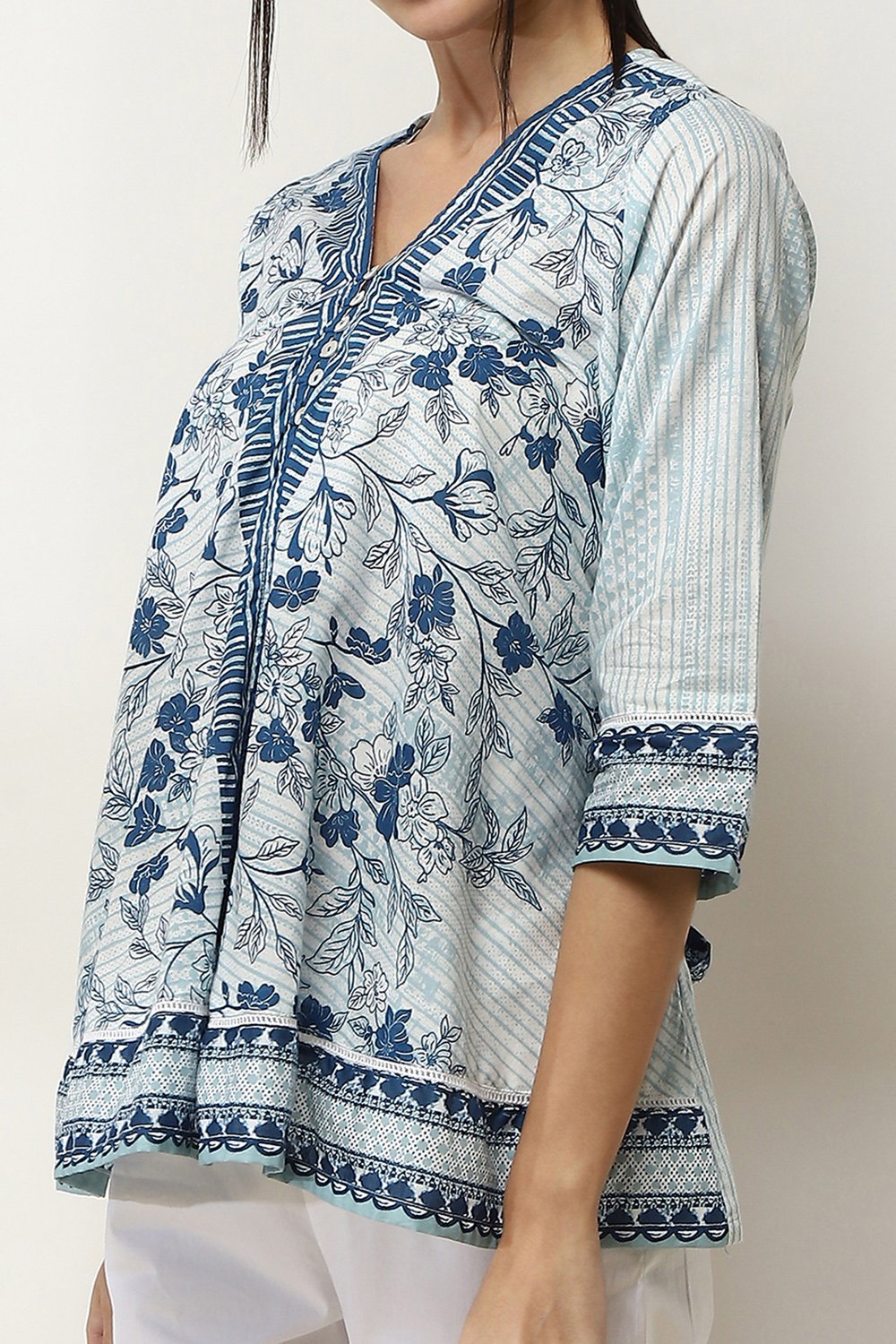 Blue Cotton Floral Printed Flared Top image number 1