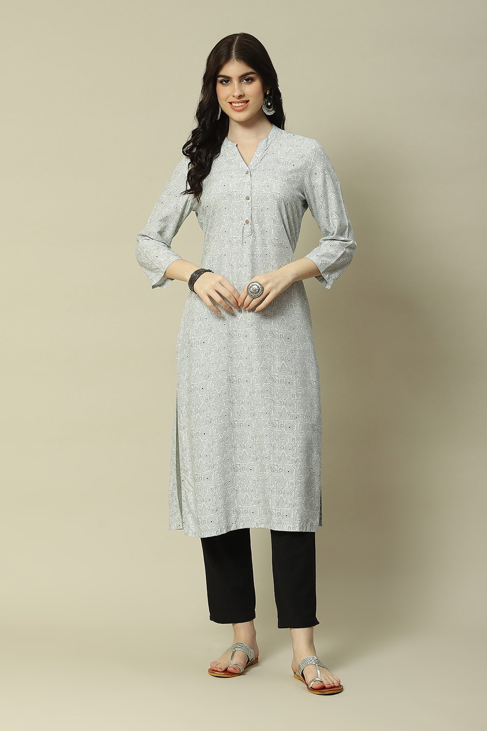 Sky Blue LIVA Straight Printed Kurta image number 5