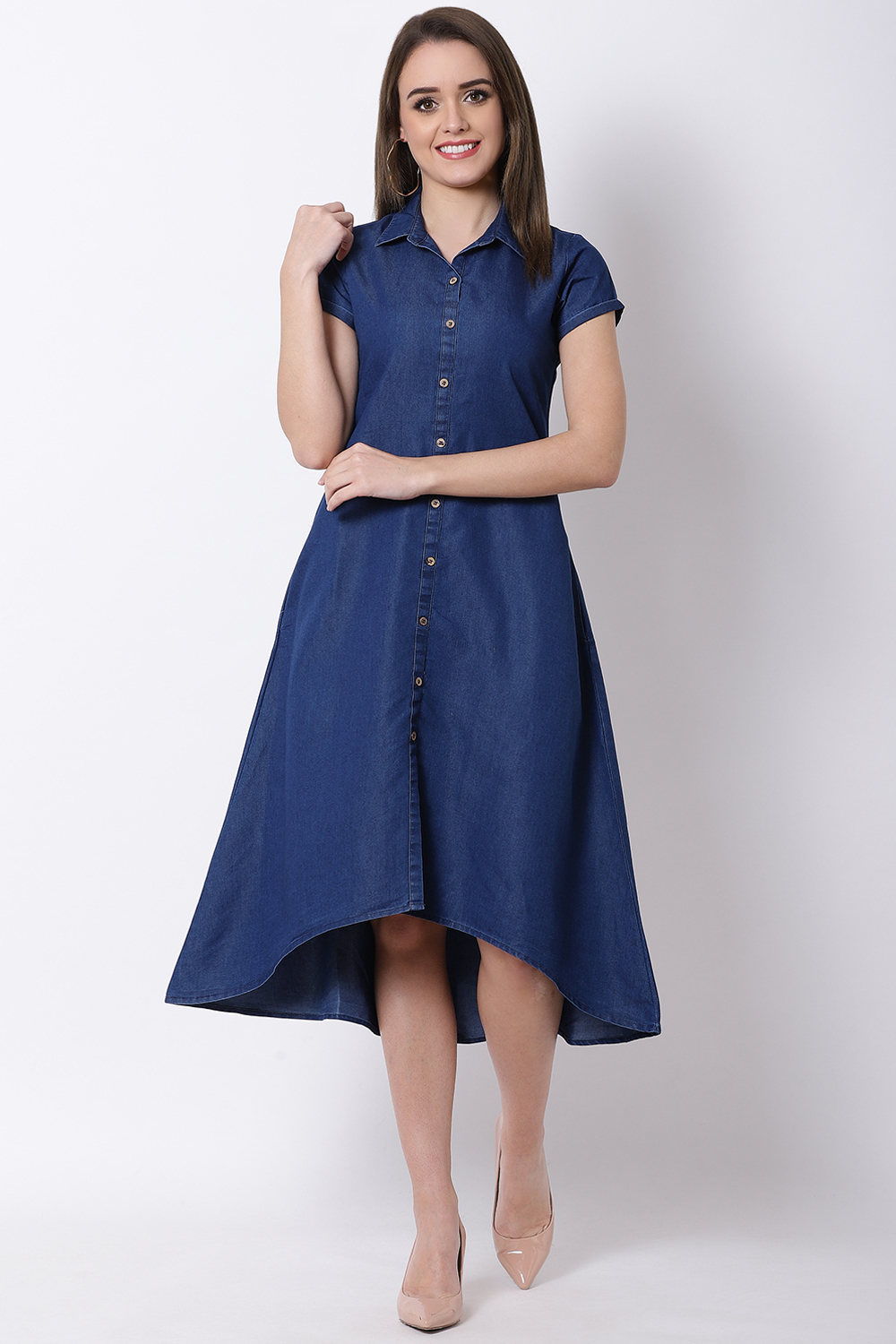 Denim Blue Cotton Asymmetric Dress image number 2
