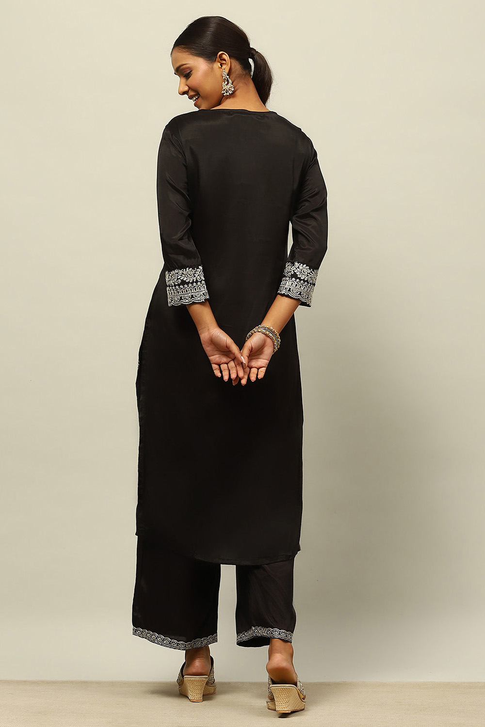 Black Viscose Shantoon Straight Embroidered Kurta Palazzo Suit Set image number 4