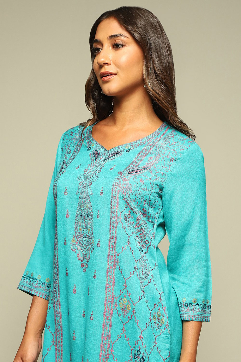 Aqua Blue Poly Acrylic Straight Yarn Dyed Kurta Palazzo Suit Set image number 1