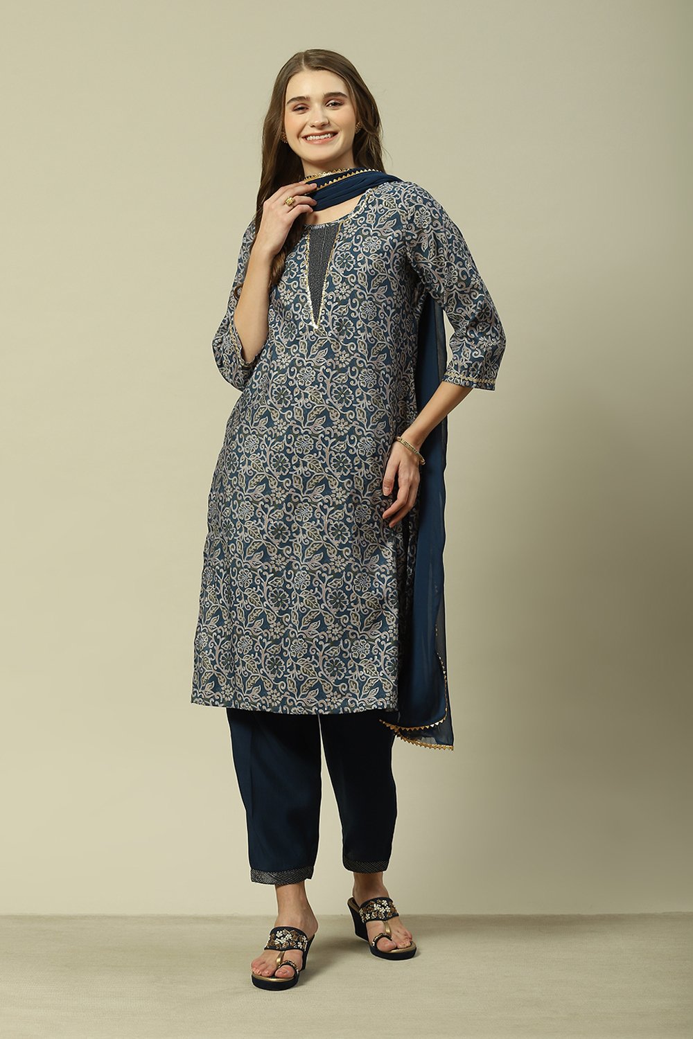 Navy Blue LIVA Straight Printed Kurta Palazzo Suit Set image number 6