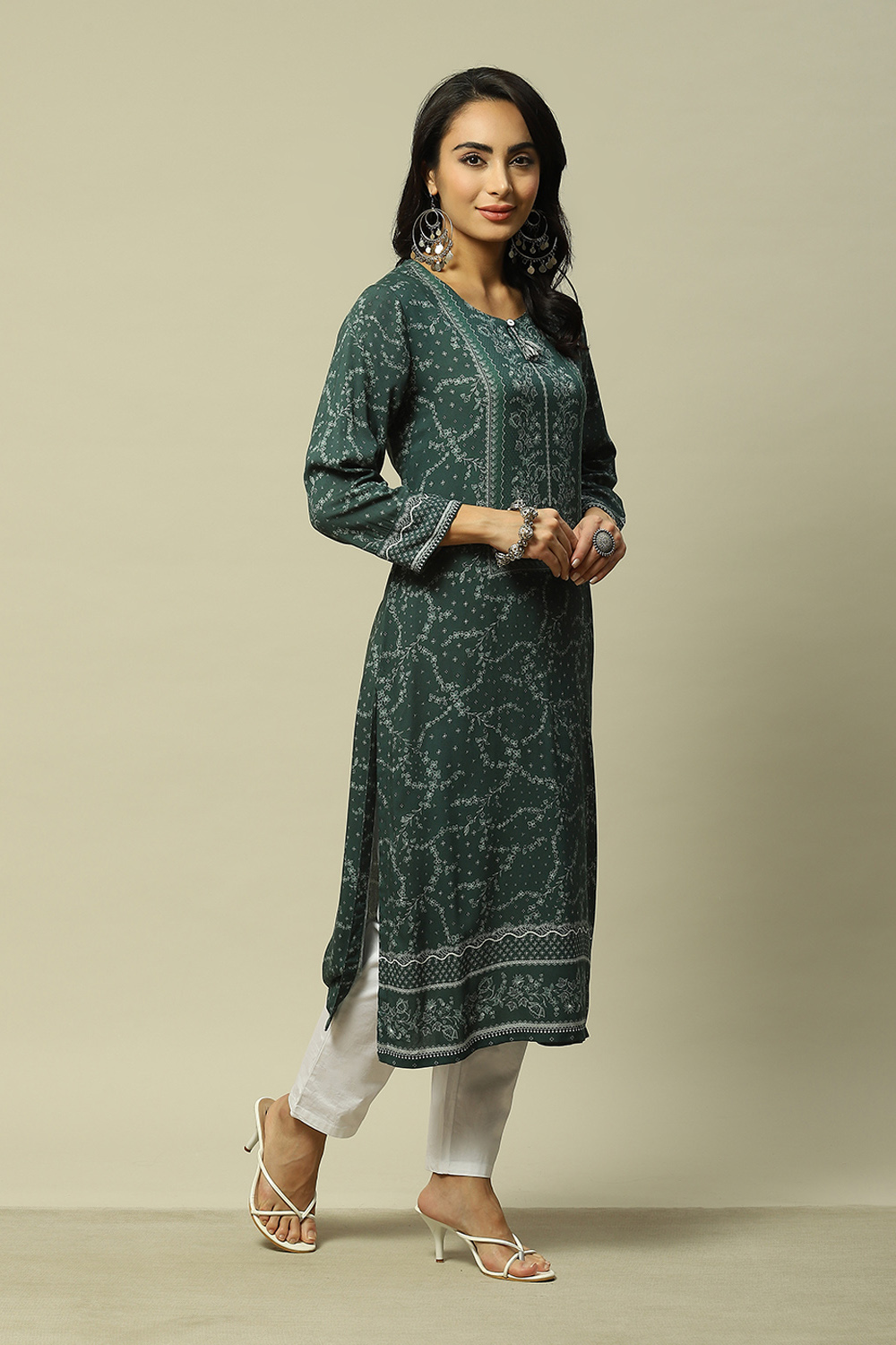 Aqua Blue LIVA Straight Printed Kurta image number 4