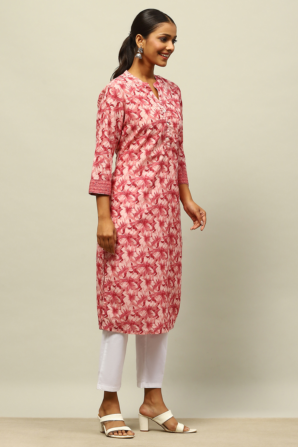 Red Cotton Printed Straight Kurta image number 4