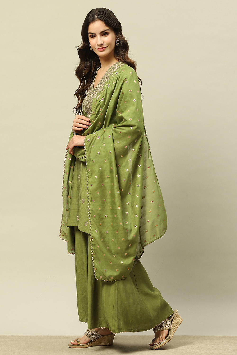 Golden-Olive Viscose Blend Straight Embroidered Kurta Sharara Suit Set image number 3