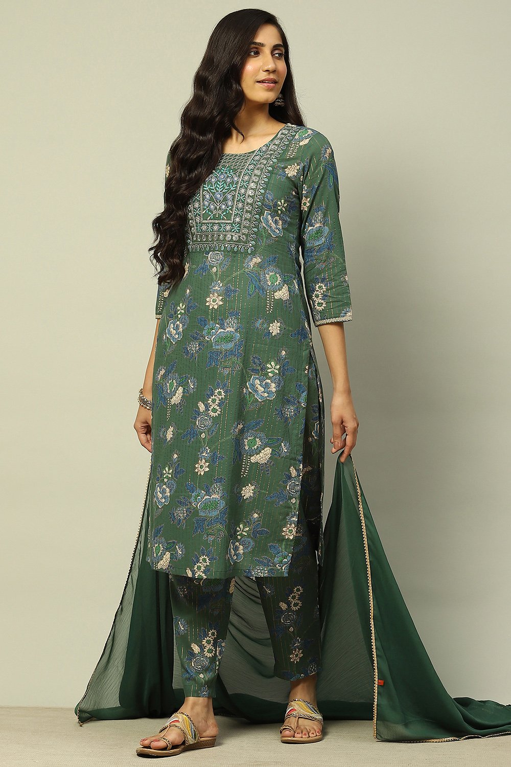 Green Cotton Lurex Floral Printed Straight Suit Set image number 0