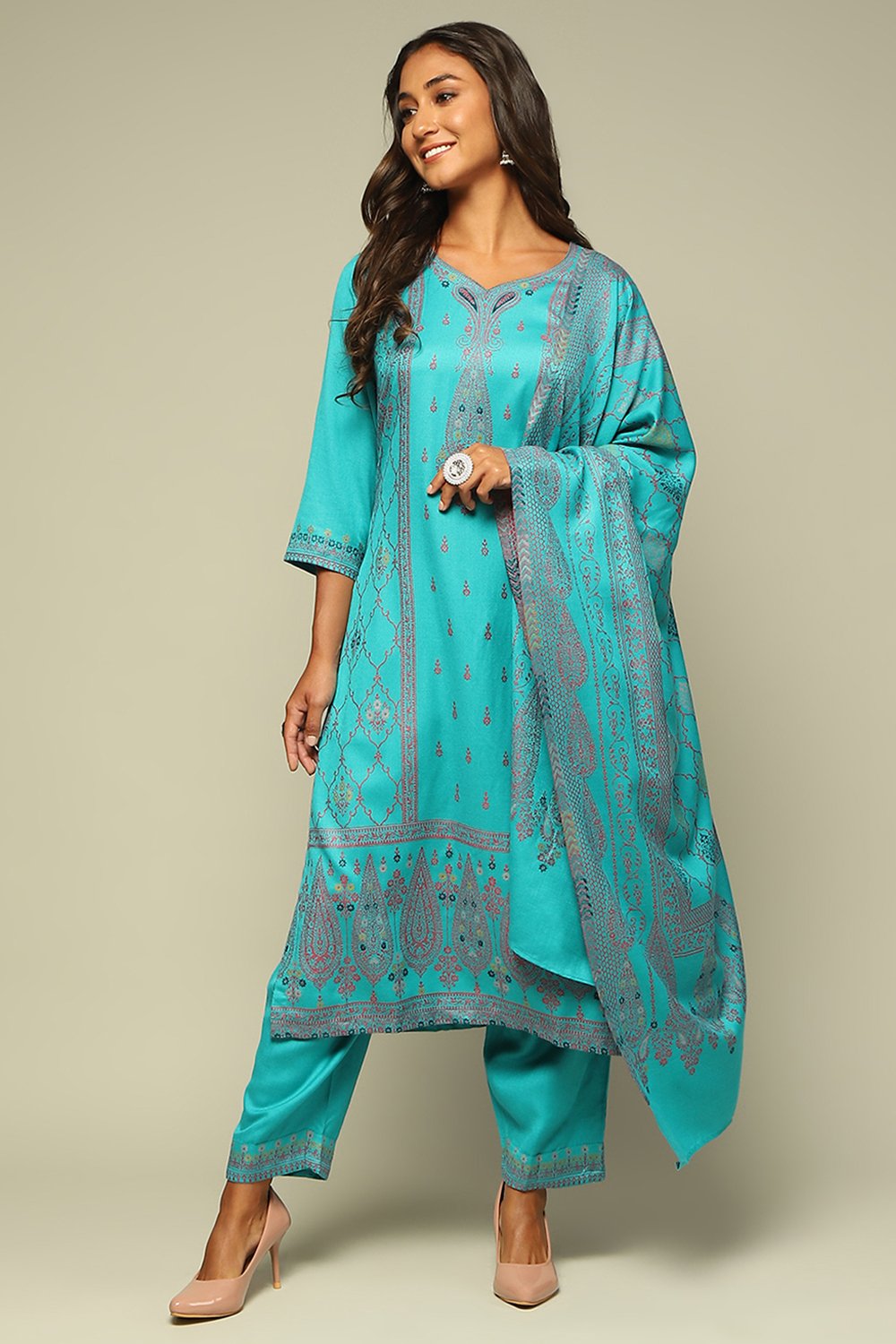 Aqua Blue Poly Acrylic Straight Yarn Dyed Kurta Palazzo Suit Set image number 6