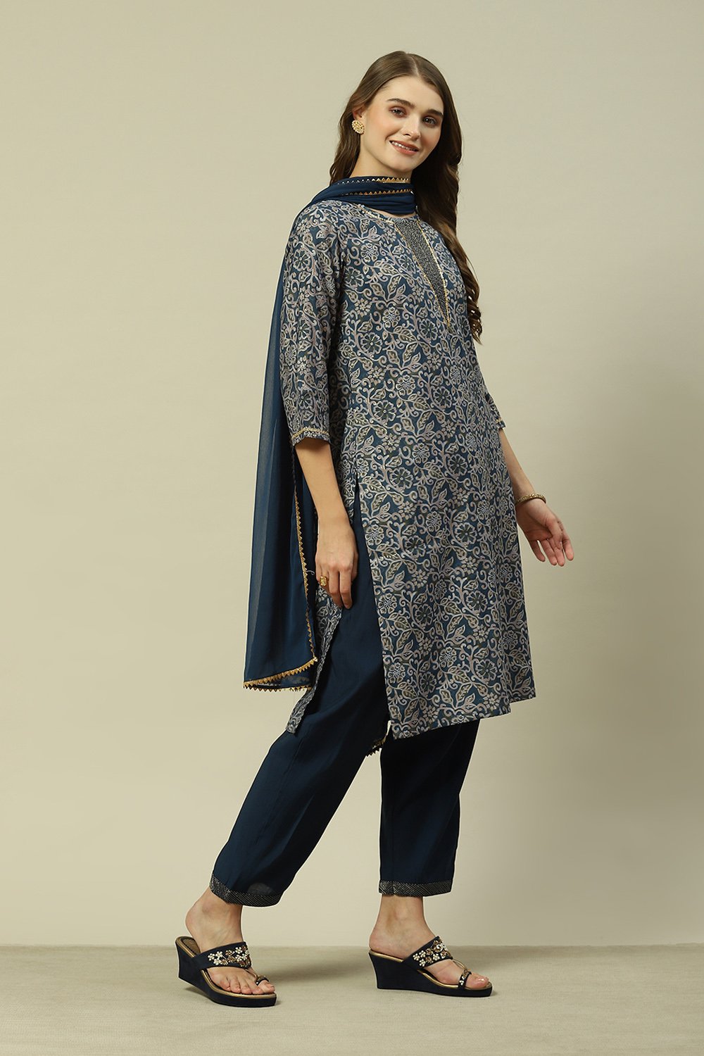 Navy Blue LIVA Straight Printed Kurta Palazzo Suit Set image number 4