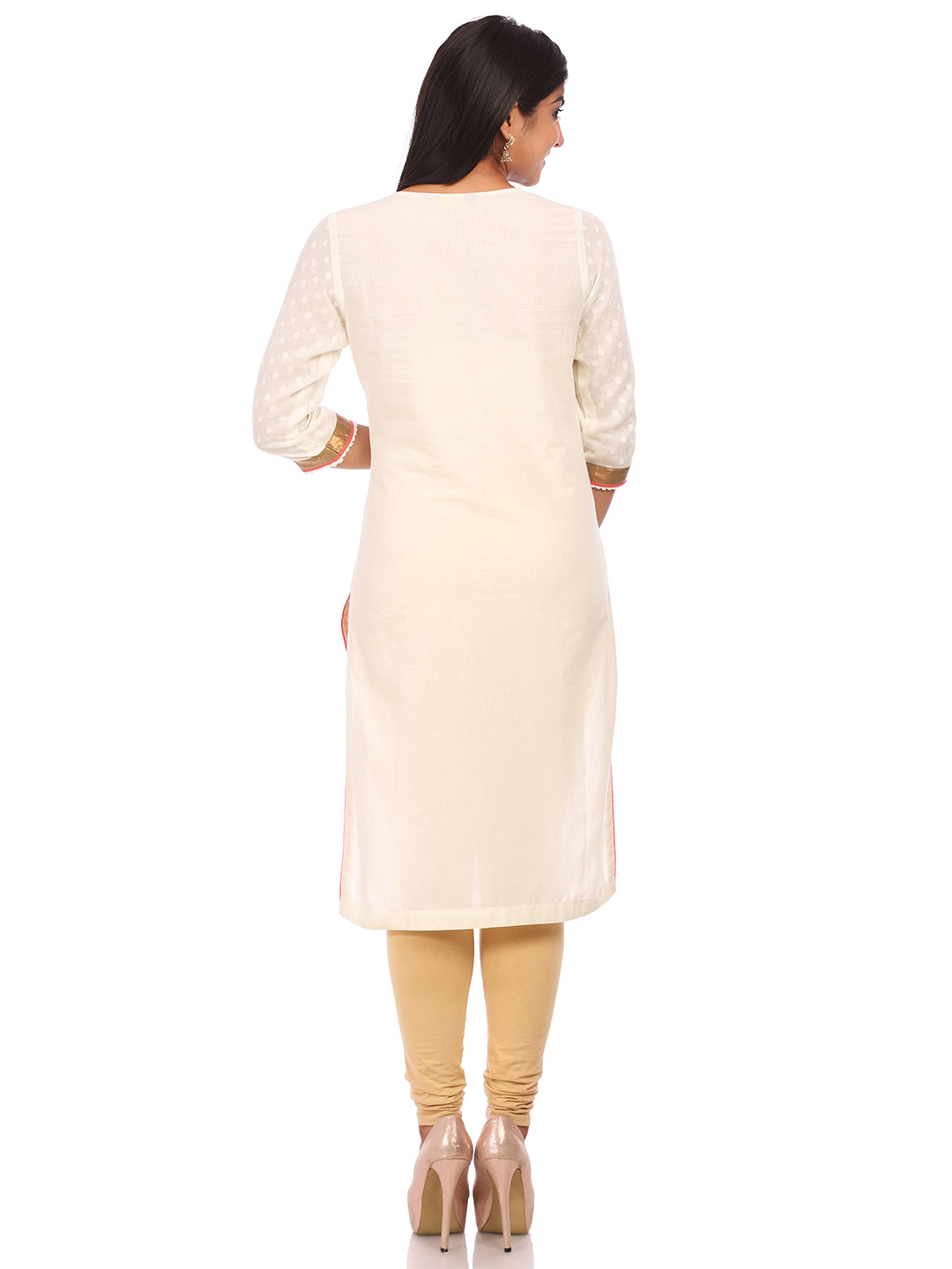 Off White Cotton A-Line Kurta image number 3