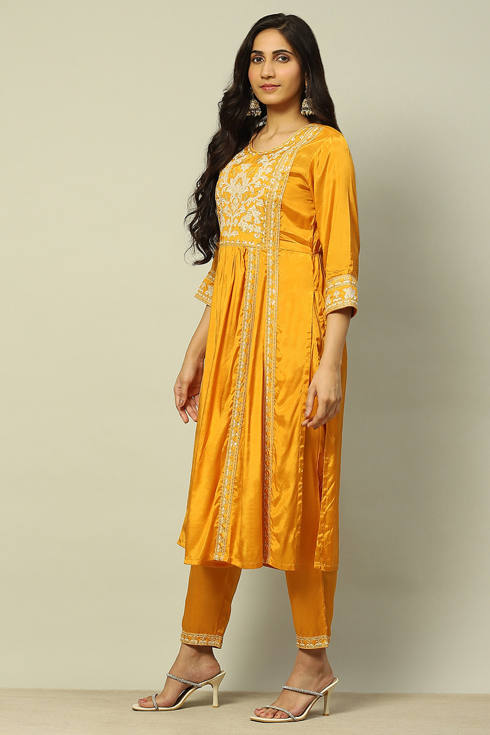 Mustard Yellow Viscose Shantoon Pleated Festive Kurta Set image number 3