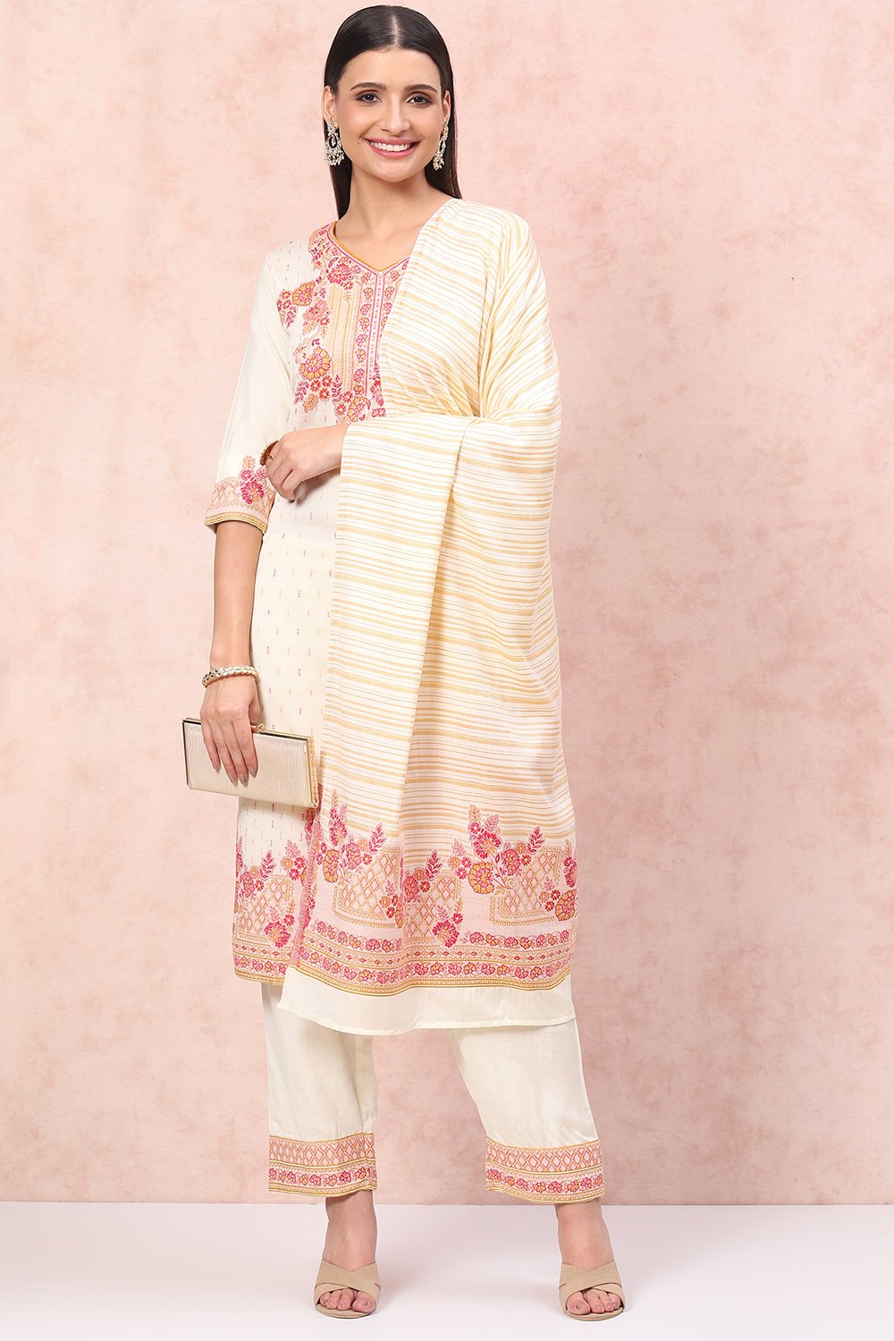 Cream Art Silk Straight Suit Set image number 0