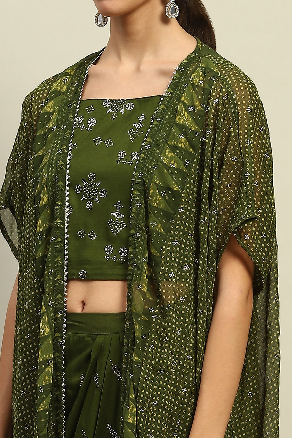 Green Rayon Straight Printed Crop Top Skirt Lehenga image number 1