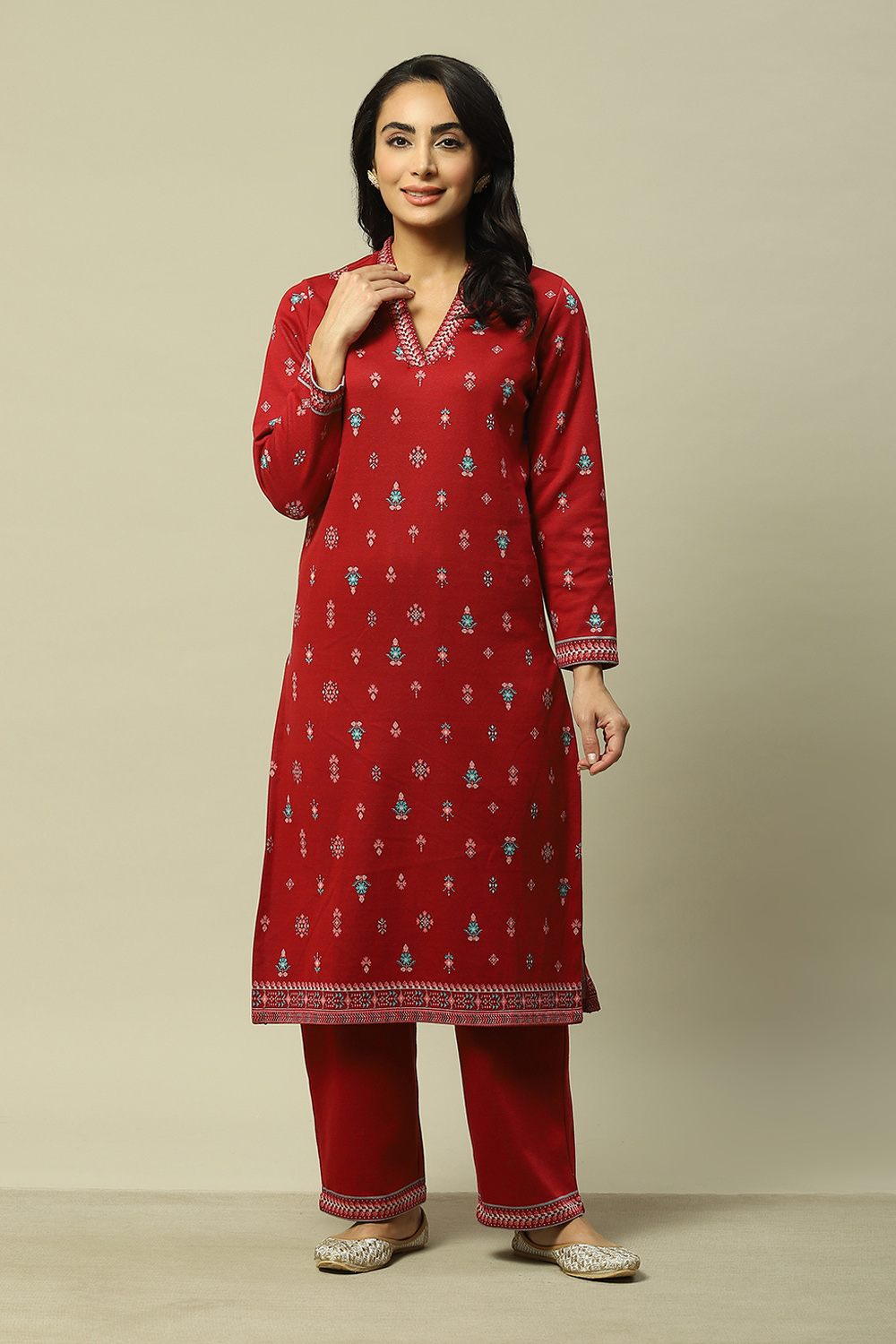 Deep Red Jacquard Straight Printed Kurta Palazzo Suit Set image number 6