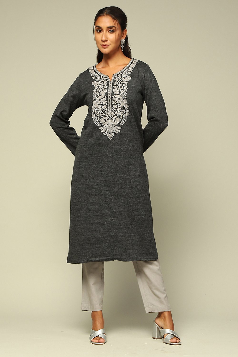 Grey Acrylic Straight Kurta image number 5