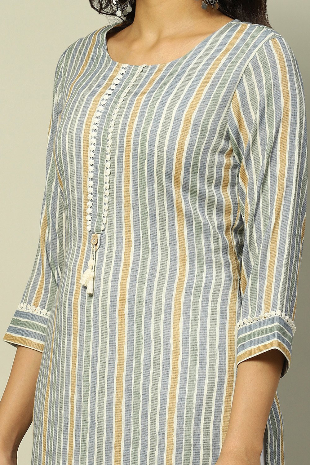 Grey Viscose Blend Striped Straight Kurta image number 1