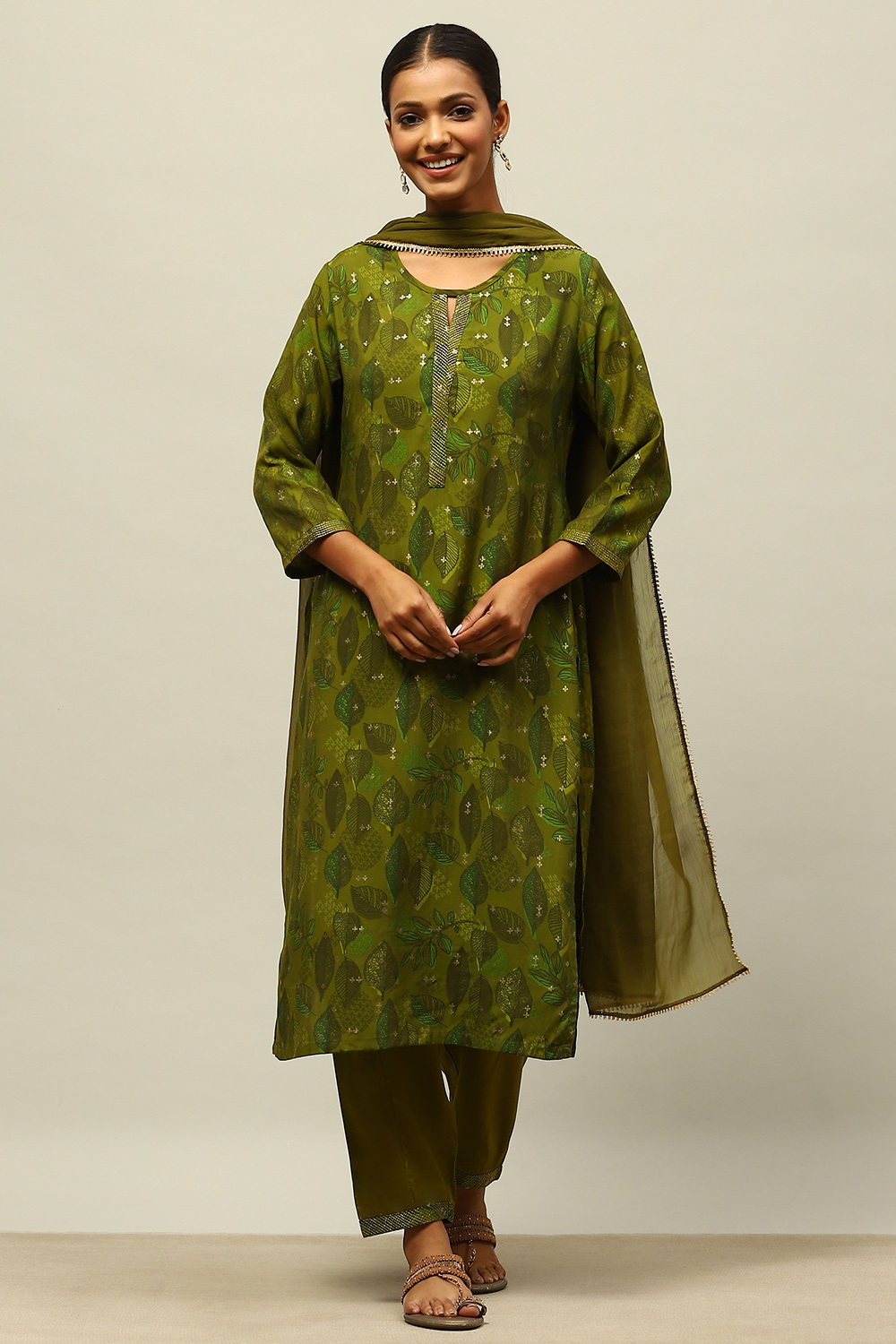 Green Viscose Muslin Straight Printed Kurta Salwar Suit Set image number 0