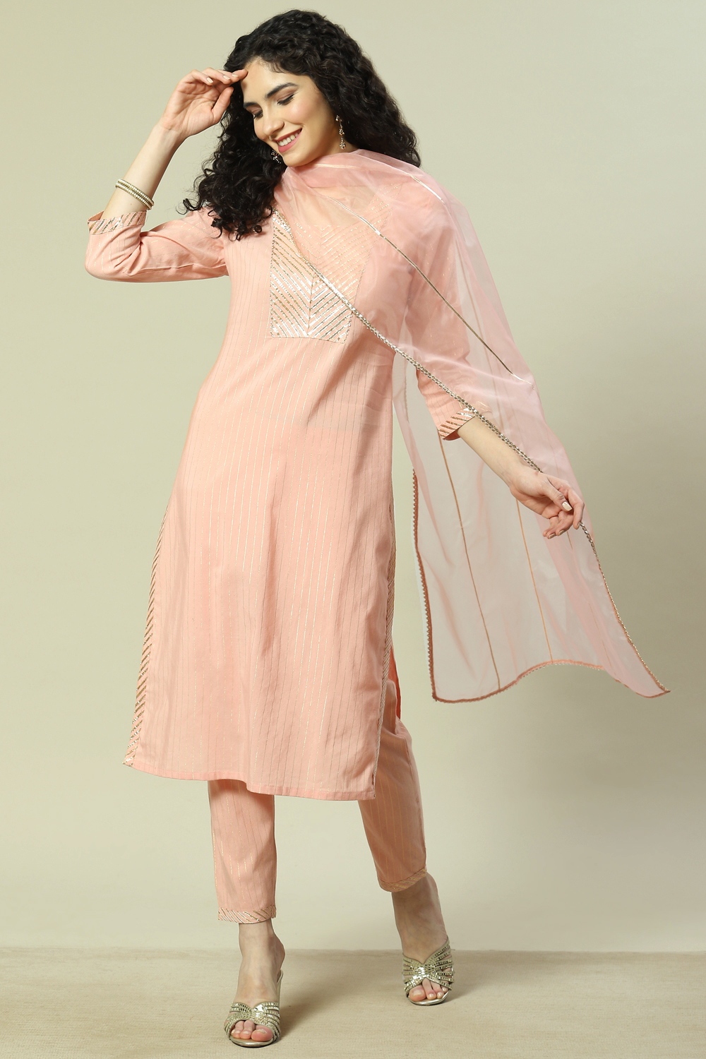 Beige Viscose Woven Straight Kurta Suit Set image number 0