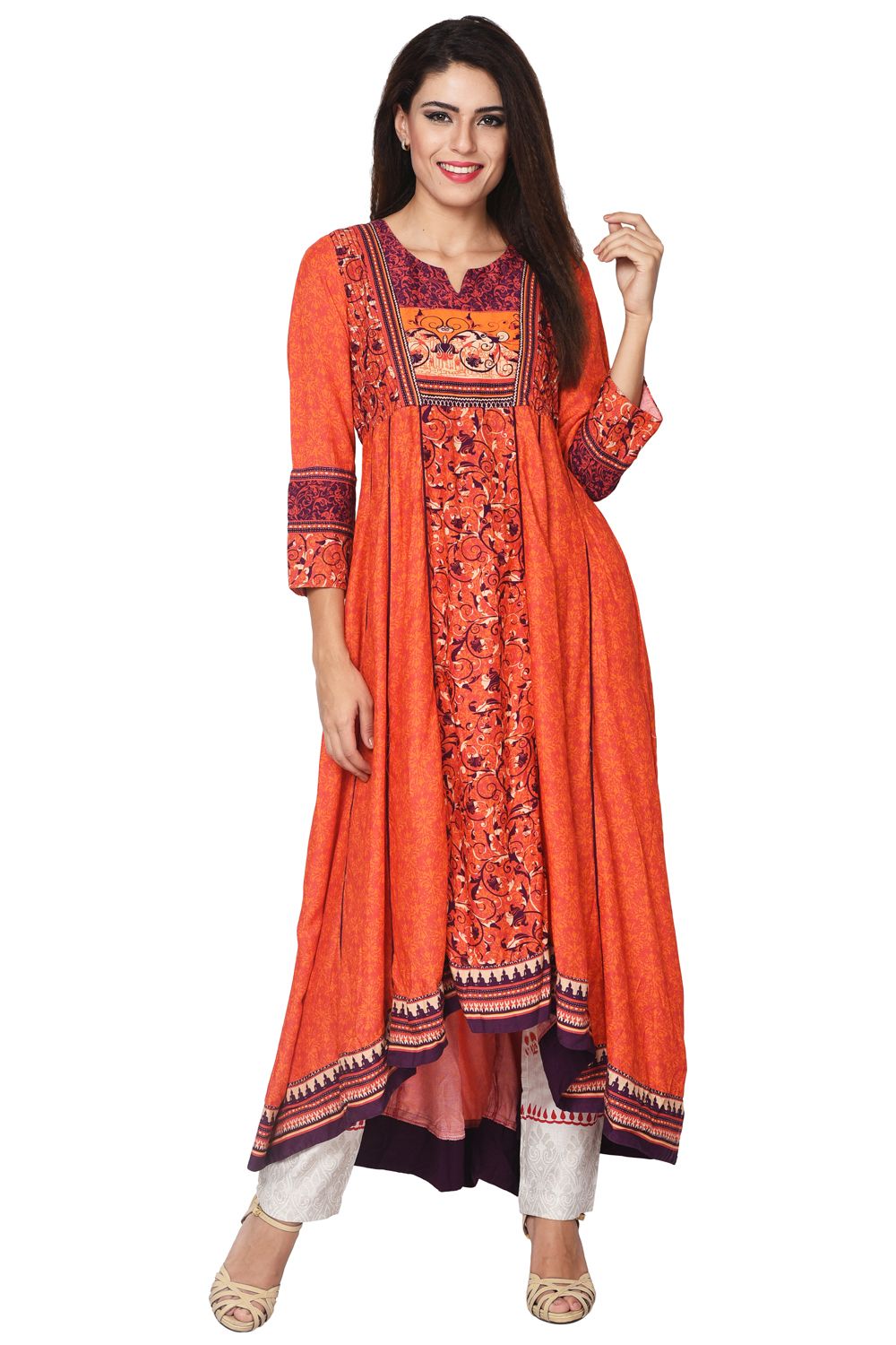 Orange Asymmetric Viscose Kurta image number 0