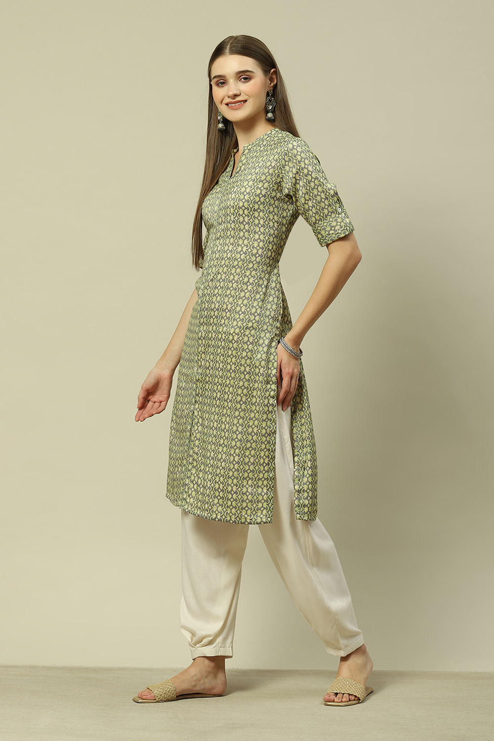 Green LIVA Blend Straight Printed Kurta image number 2