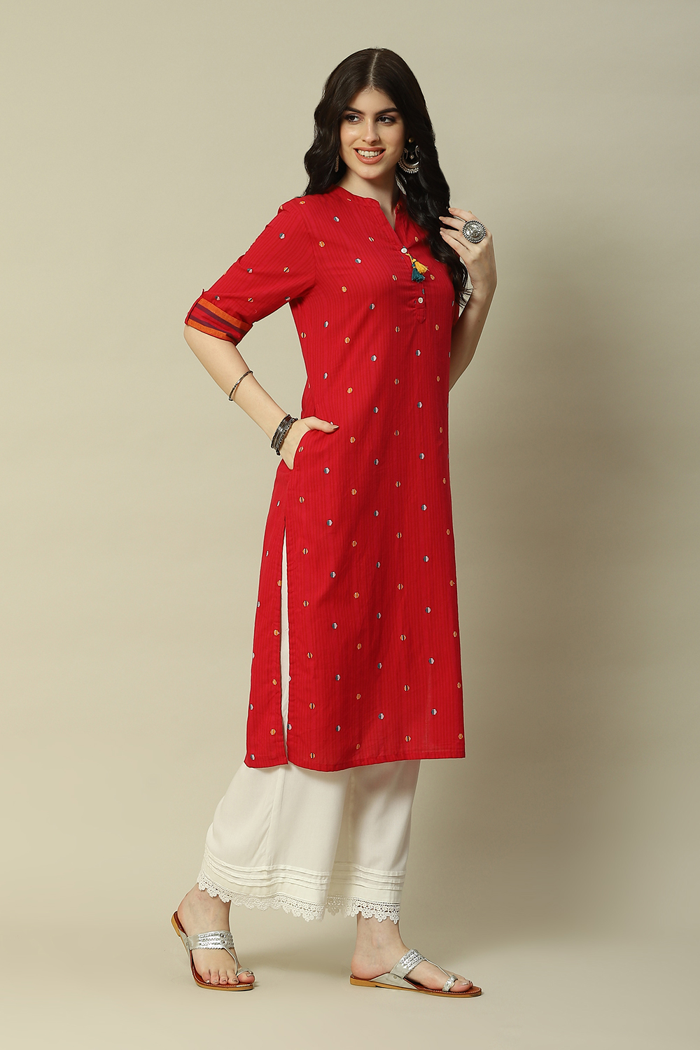 Pink Cotton Straight Printed Kurta image number 3