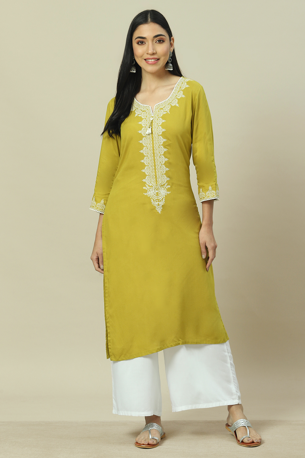 Lime Green LIVA Straight Kurta image number 5