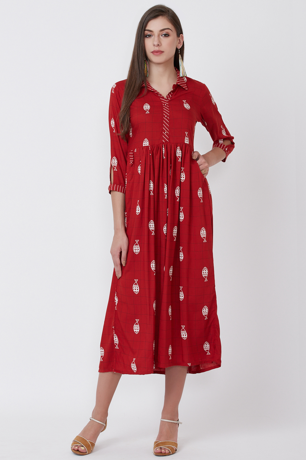 Red Viscose Rayon Flared Dress image number 3
