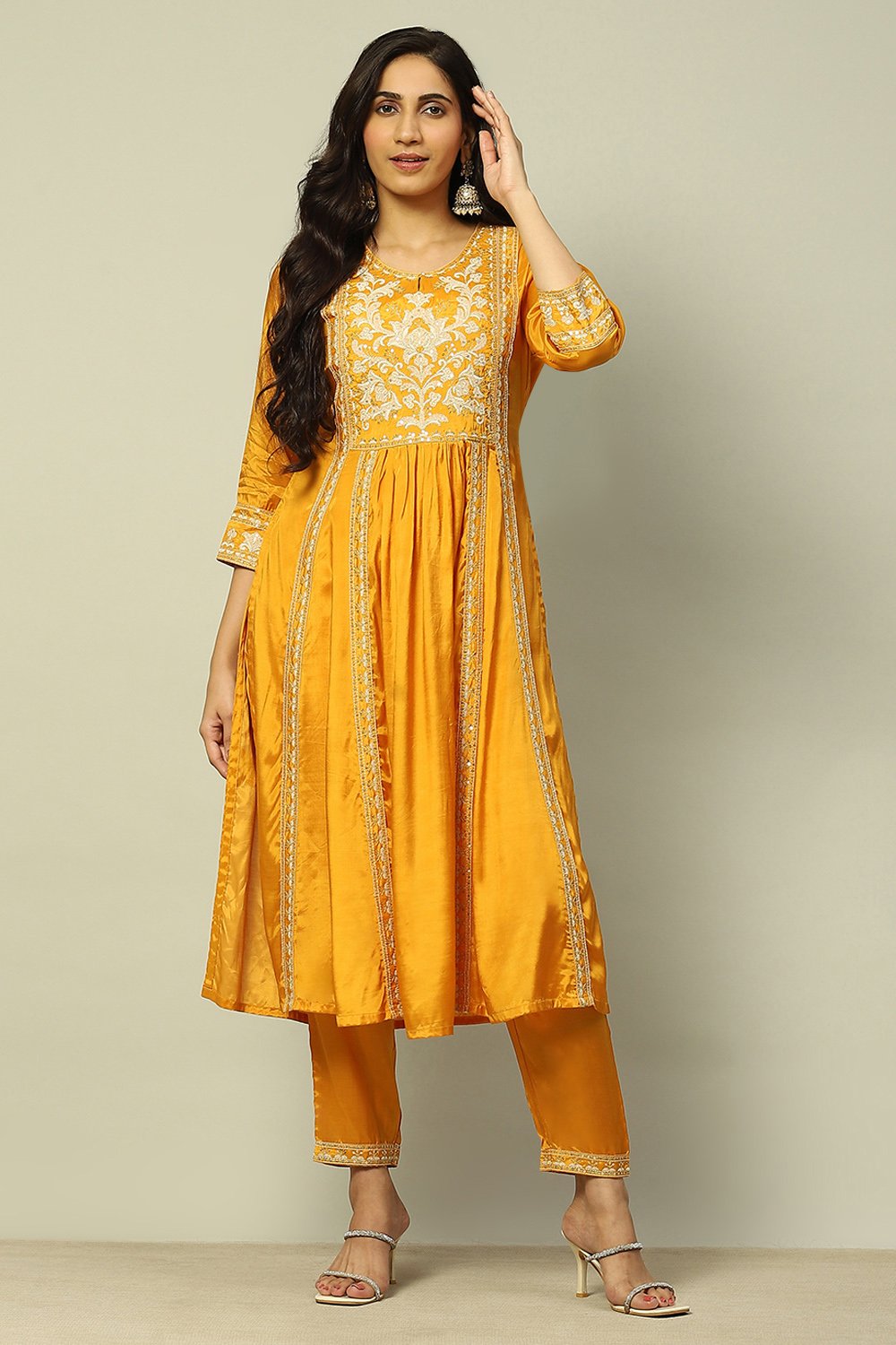 Mustard Yellow Viscose Shantoon Pleated Festive Kurta Set image number 0