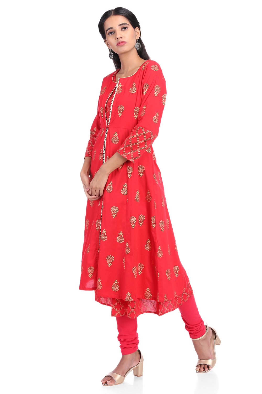 Red Front Open Cambric Cotton Kurta image number 3