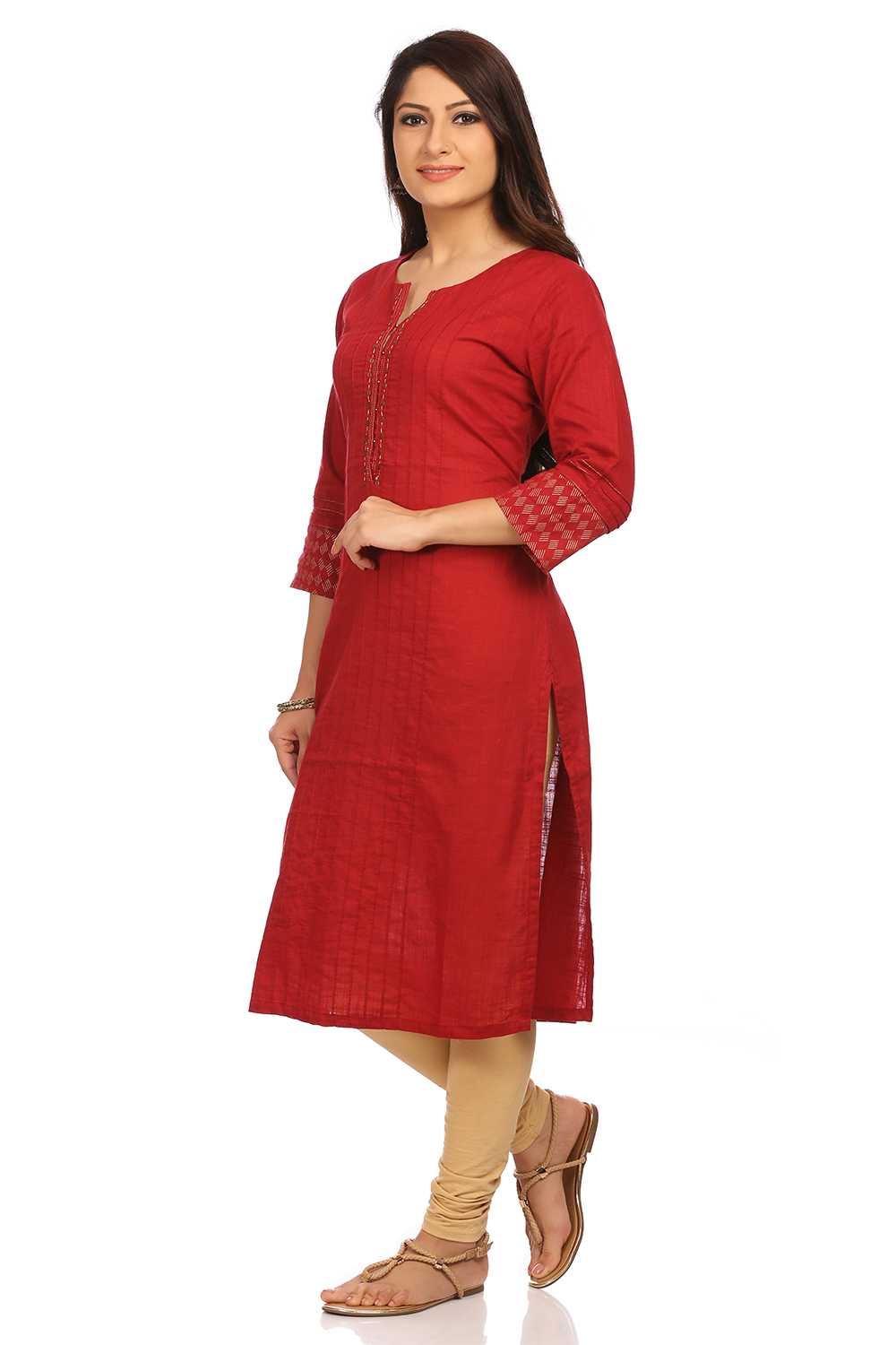 Red Straight Cotton Kurta image number 2