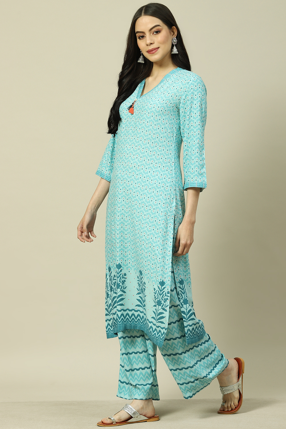 Blue LIVA Straight Kurta Palazzo Suit Set image number 3