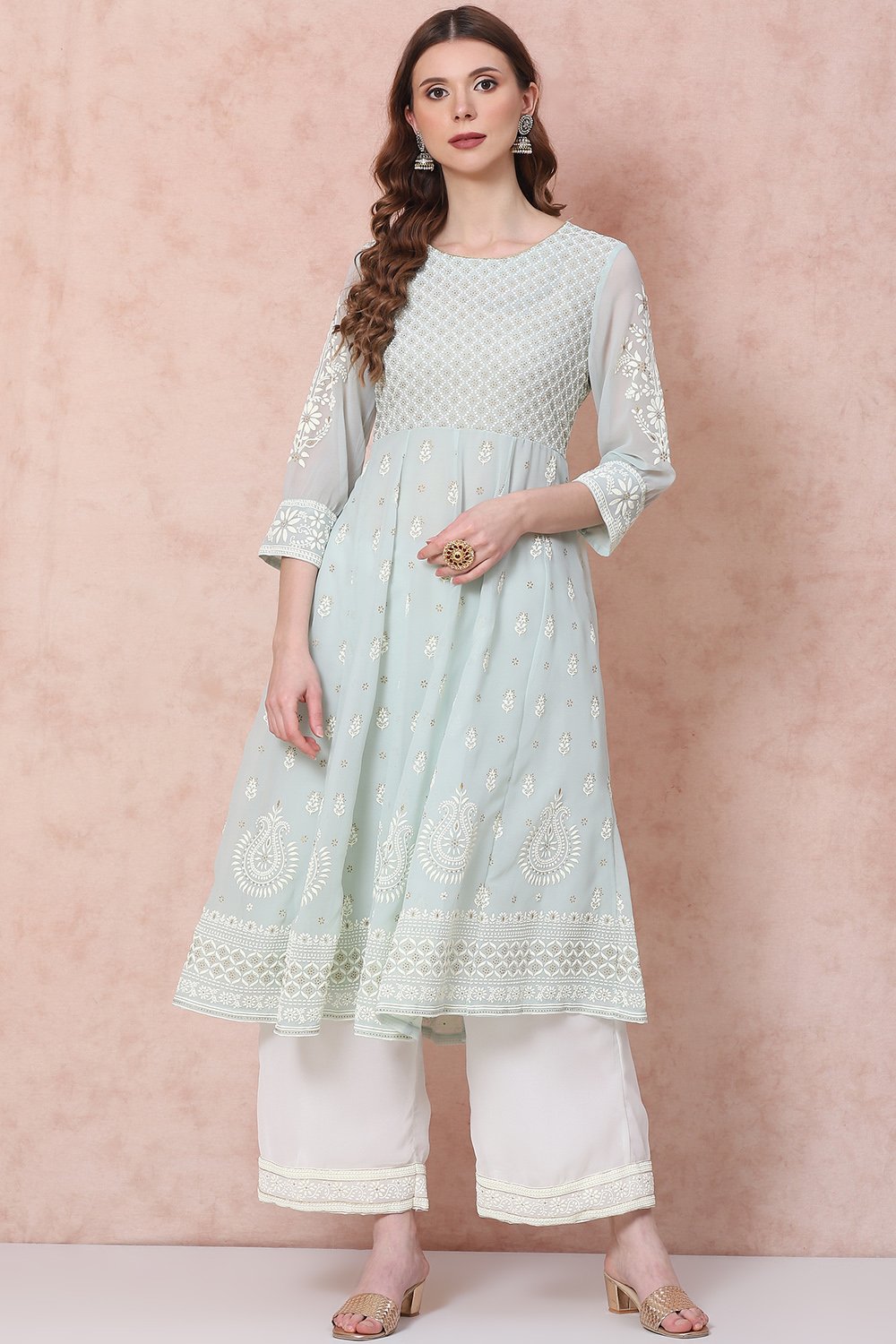 Pastel Green Art Silk Kalidar Kurta image number 0