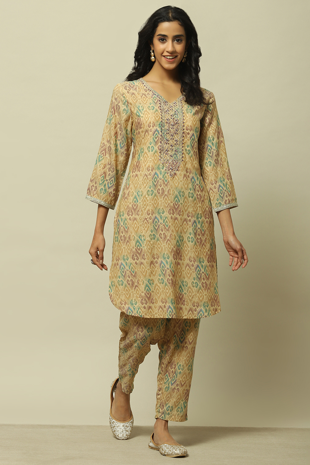 Beige Viscose Blend Printed Straight Co-ord Set image number 0