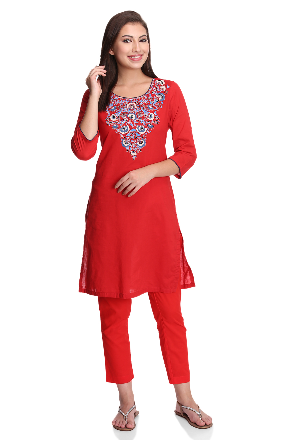 Red Straight Cambric Cotton Kurta image number 4