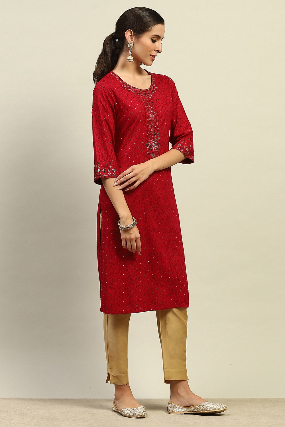 Red Rayon Slub Printed Straight Kurta image number 4